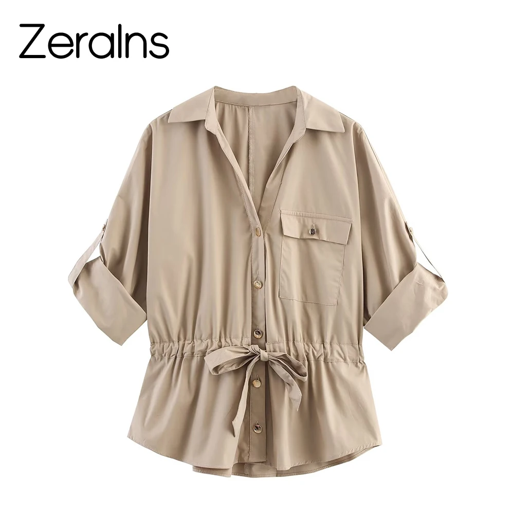 Zerains outono novas roupas femininas estilo simples estilo casual lapela popeline caça roupa camisa de manga comprida