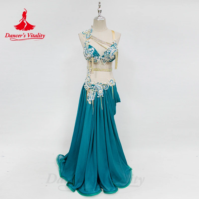 Conjunto de traje de competición de danza del vientre para mujer, con borla vestido plisado de gasa, cadena de cintura alta, traje de baile para niños