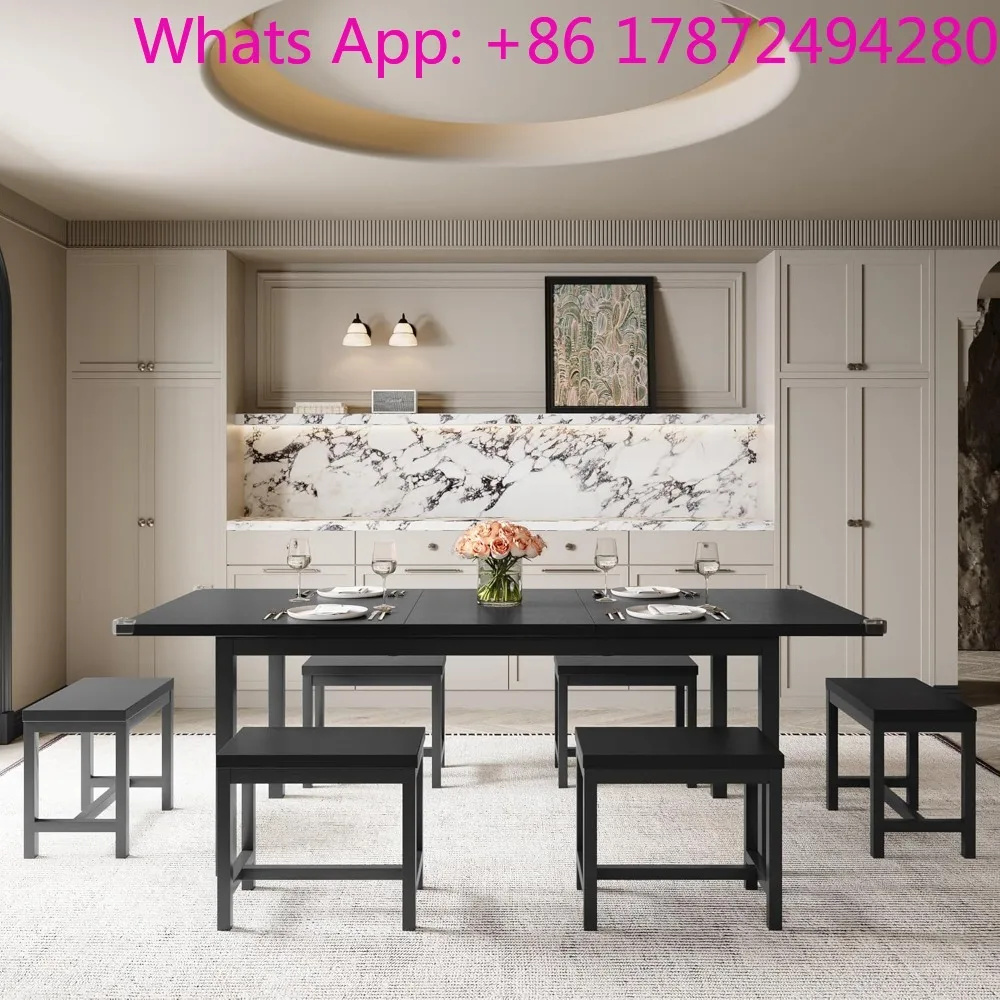 7-Piece Dining Room Table Set, Extendable Kitchen Table with 6 Stools