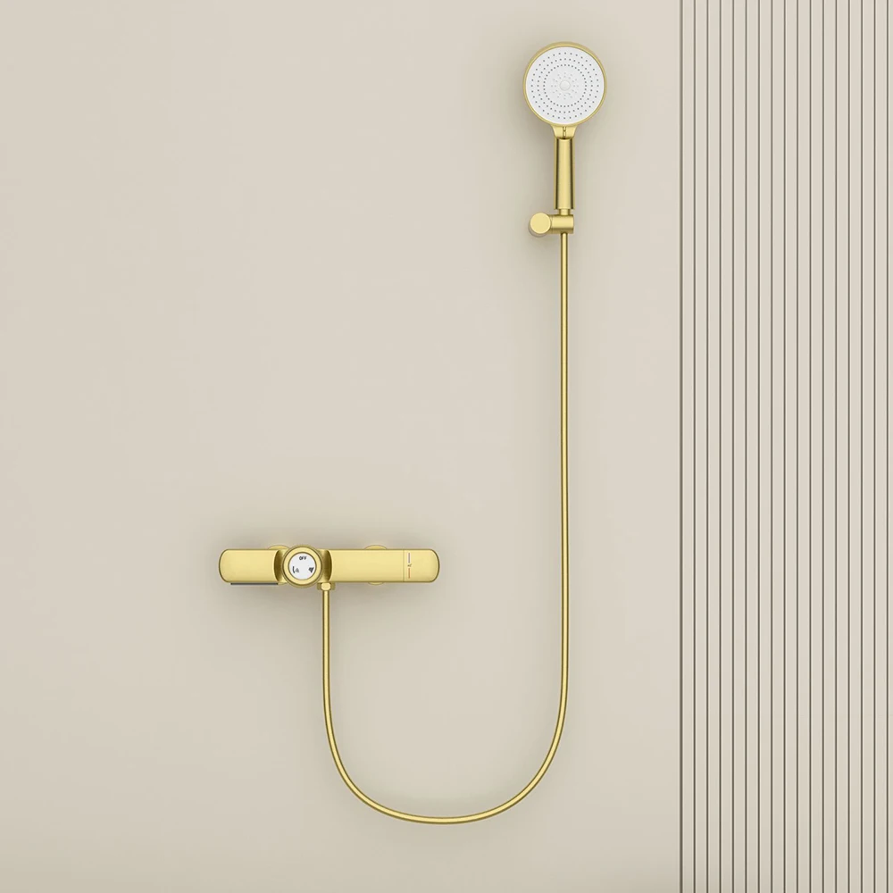 Chrome/Brushed Gold Shower Set with Thermostatic Mixing Valve and Waterfall Outlet Brass 2 Functions Minimalist Shower System