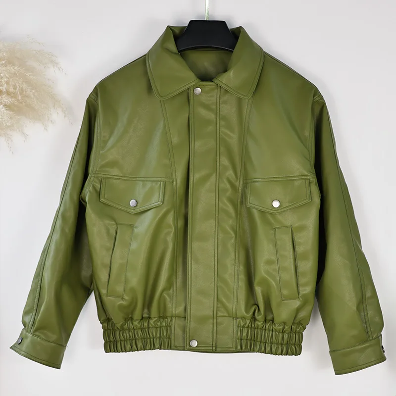 Veste en cuir PU vert Vintage pour femme, manteau court à revers, manches longues, bouton de fermeture éclair, mode automne 2025, nouveaux vêtements d'extérieur de rue