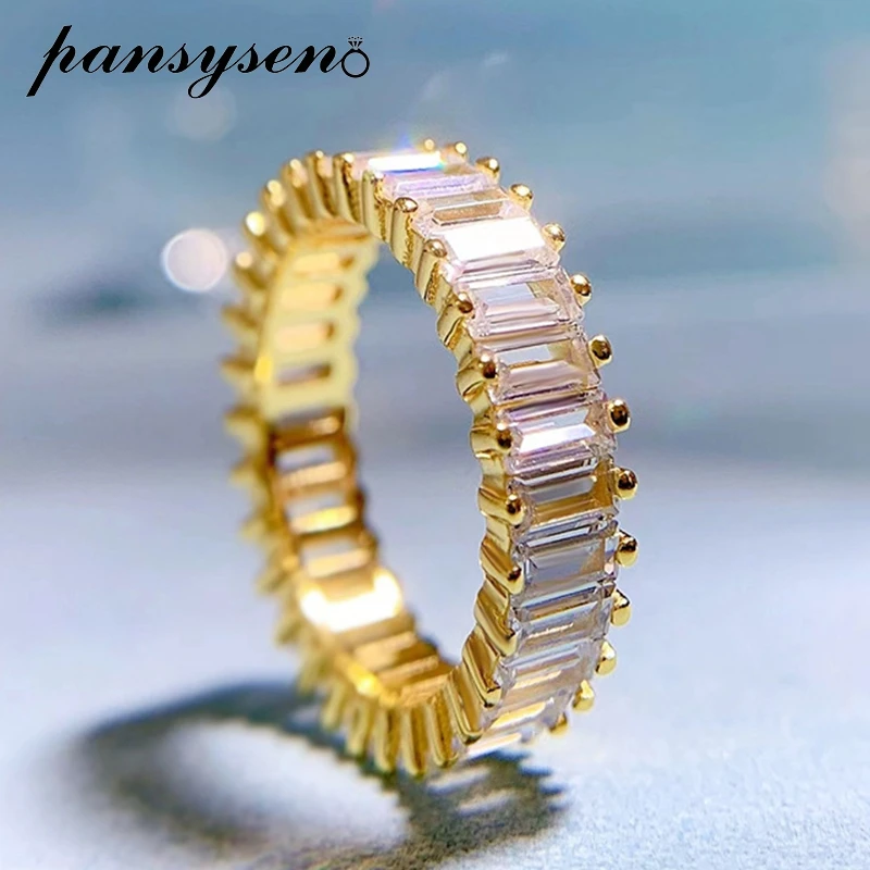 

PANSYSEN 18K White Yellow Gold Plated 2*4MM High Carbon Diamond Gemstone Wedding Ring Women Sparkling S925 Silver Fine Jewelry