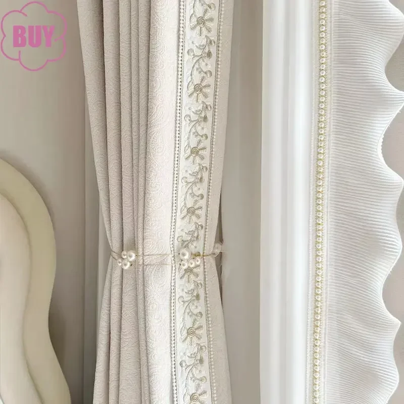 1PC French Curtains for Living Dining Room Bedroom Cream Cured Embossed Chenille Texture Thick Window White Tulle Sheer Curtain