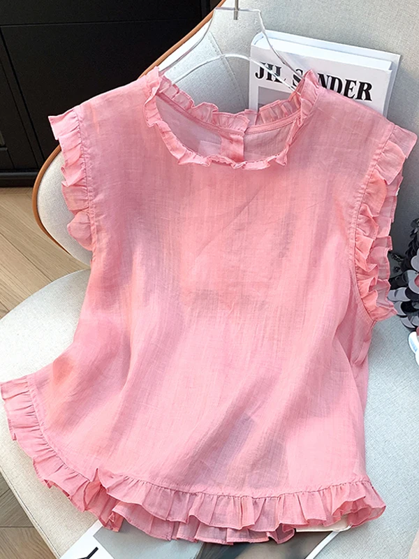 Artistic Lazy Wooden  Trim Splice round Neck Sleeveless Shirt Women Summer New Fashion Slimming  Color Vest Top
