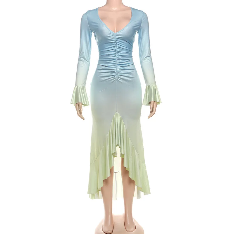 Sukienka midi Bangniweigou z blokami kolorów, dopasowana, z długim rękawem, elegancka, z dekoltem w serek, falbankami, plisowana, w kolorze niebieskim.