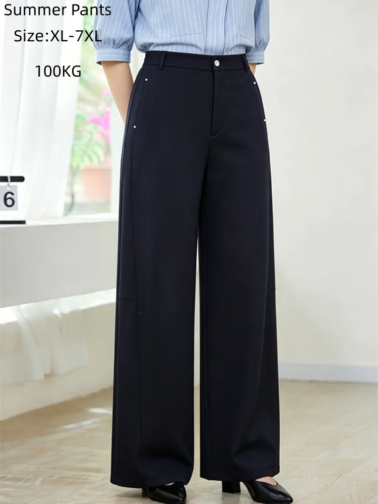 Women Arc Leg Barrel Pants Summer Thin High Waist Wide Legs 100KG Plus Size 6XL 7XL Female Office Lady Rivet Fashion Trousers