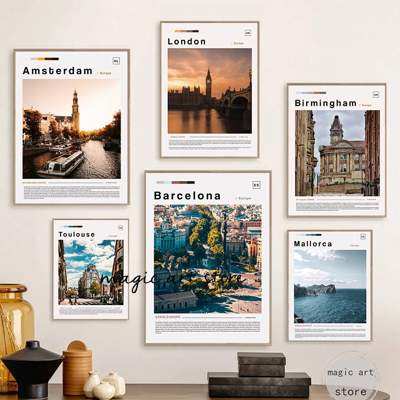 Vintage Lisbon Barcelona Paris Birmingham London City Landscape Art Posters Canvas Painting Wall Prints Pictures Room Home Decor