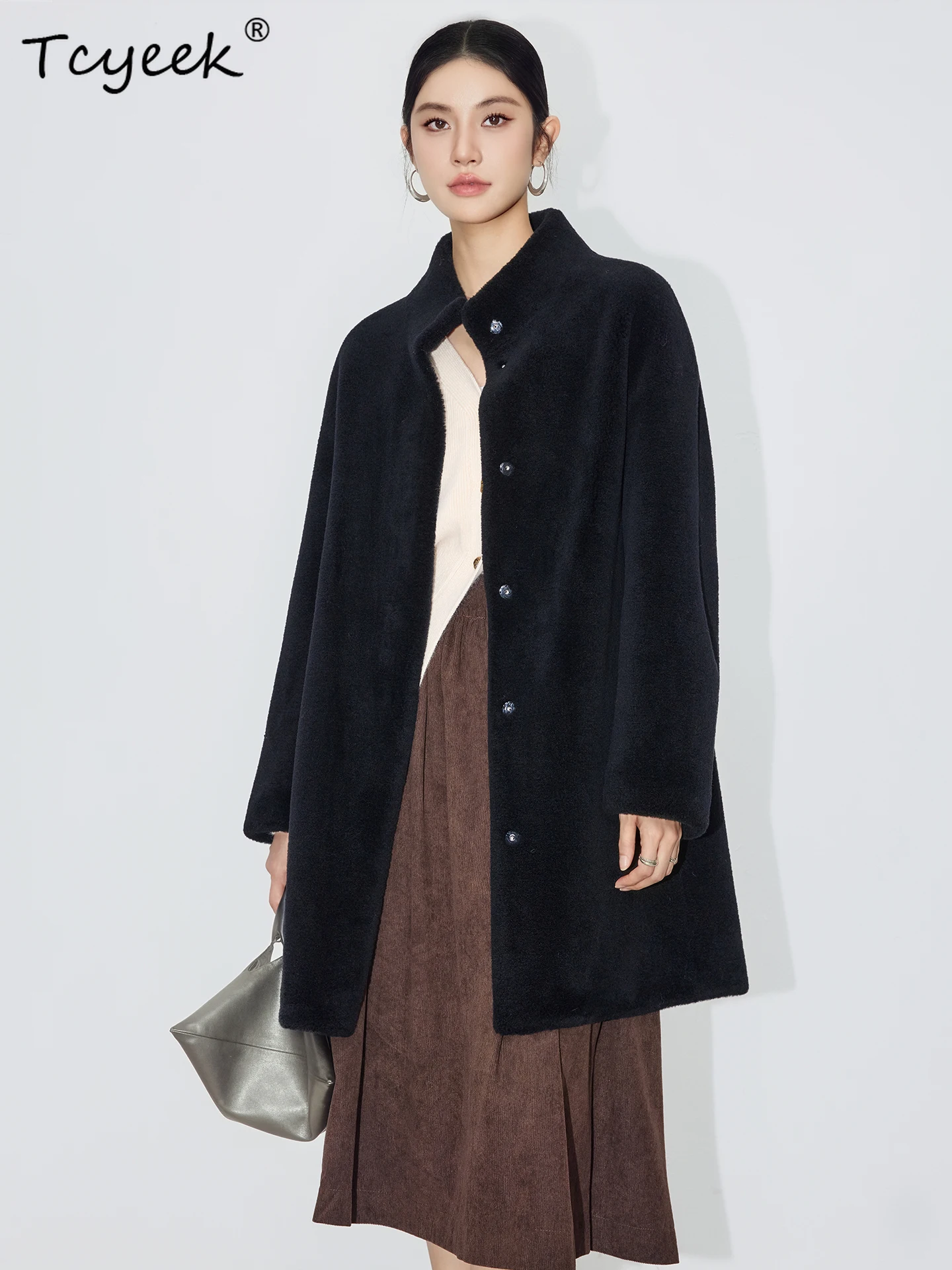 Tcyeek Real Wool Autumn Winter High End Trendy Stand Collar Black Medium Length Women's Wool Shearling Fur Coat Fourrures Femme