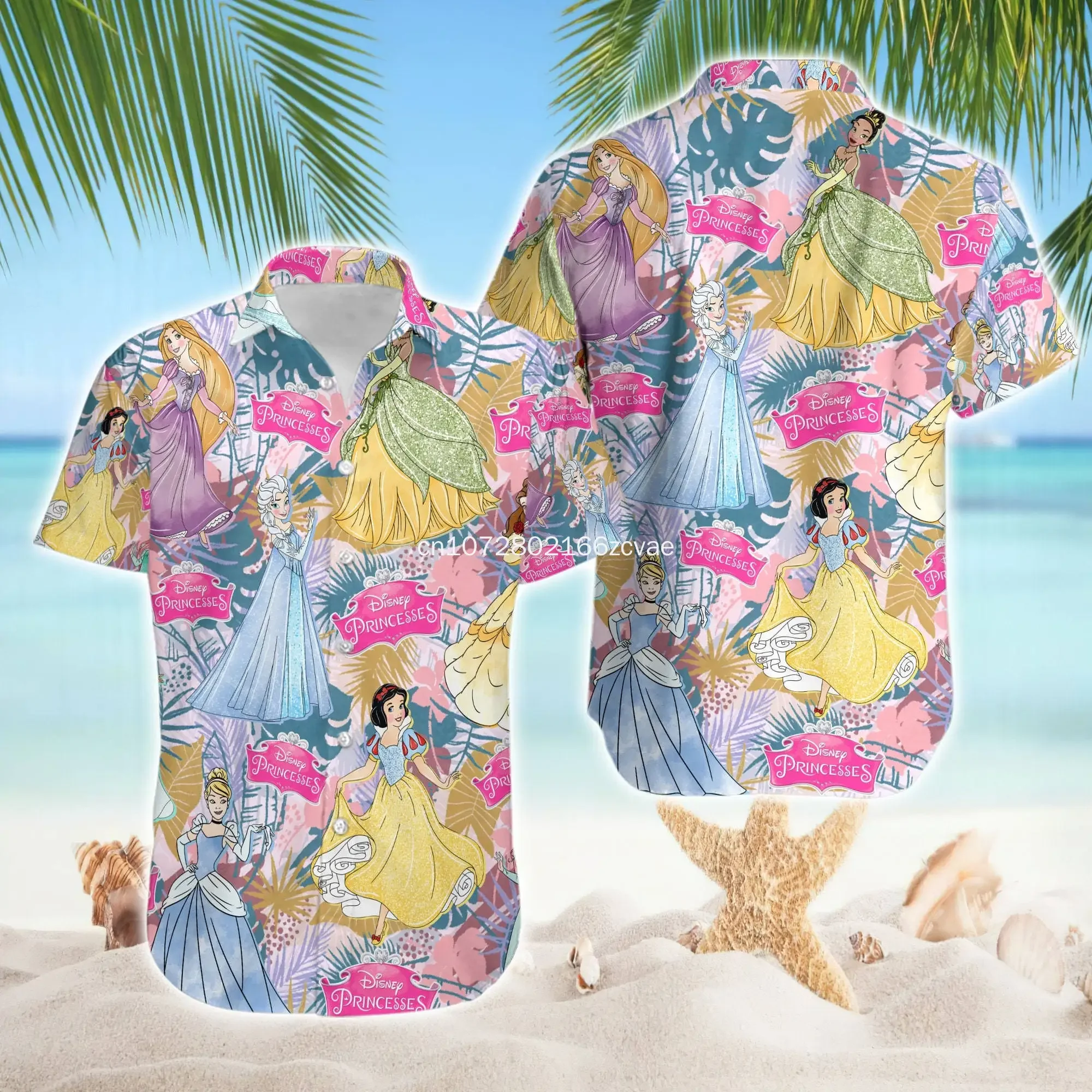 2024 neue Disney Prinzessin Hawaii Shirt Männer Frauen Kinder Kurzarm hemden Disney Hawaii Hemden Strand hemden