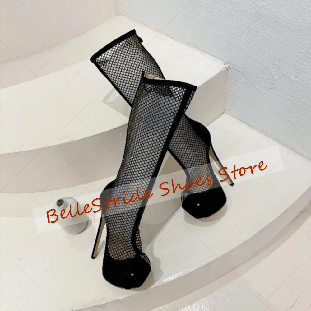 

Black Mesh Hollow Platform Boots Back Zipper Women Shoes Stilettos High Heels Party Banquet Dating 2025 Zapatos Para Mujere