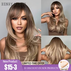 HENRY MARGU Brown Long Layered Wig for Women Straight Synthetic Wigs with Bangs Natural Ombre Brown Wig for Daily Heat Resistant