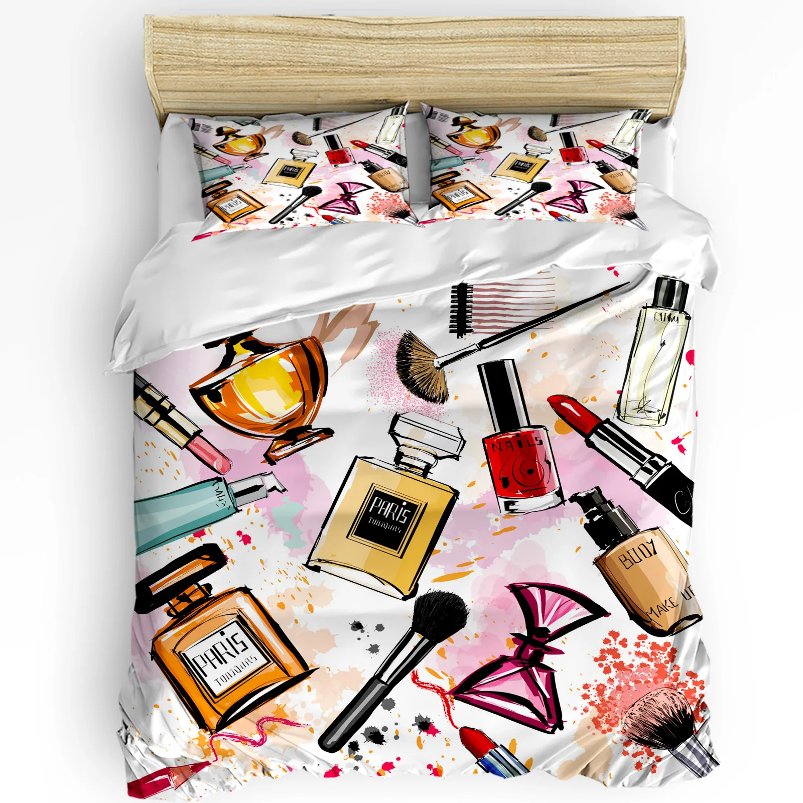 

Female Cosmetics Perfume Lipstick Bow Comb 3pcs Duvet Cover Set Pillow Case Double Comforter Bedding Set Quilt Cover Couple Bed