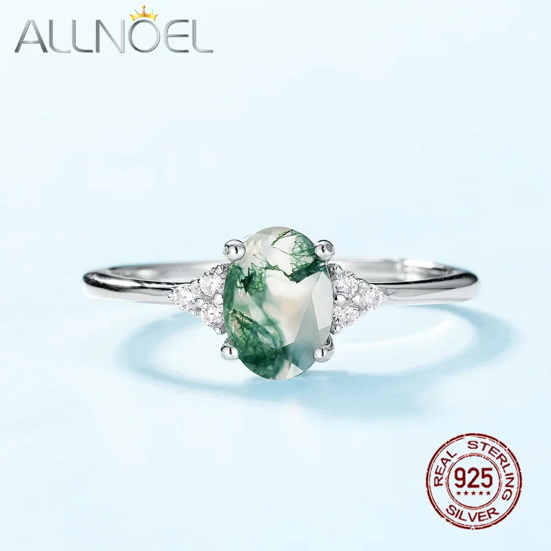 

ALLNOEL 925 Sterling Silver 5x7mm Oval Cut Green Moss Agate Finger Ring Simple Stackable Fine Jewelry Gift for Women Girls
