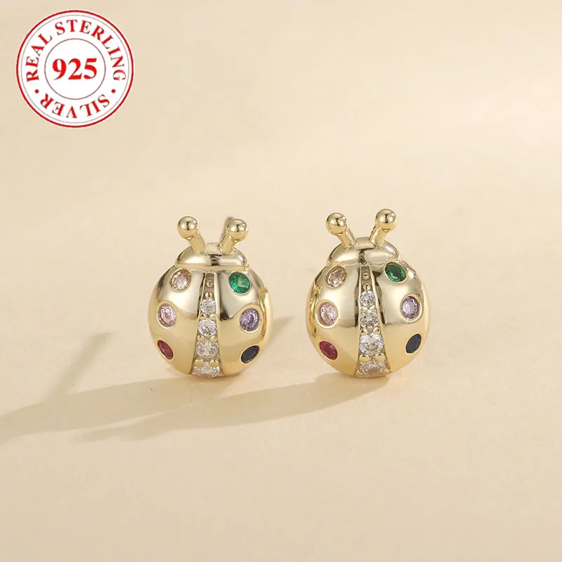 925 Sterling Silver Colorful Zirconia Small Seven Star Ladybird Lady Earrings Hypoallergenic Suitable for Women Fashion Jewelry