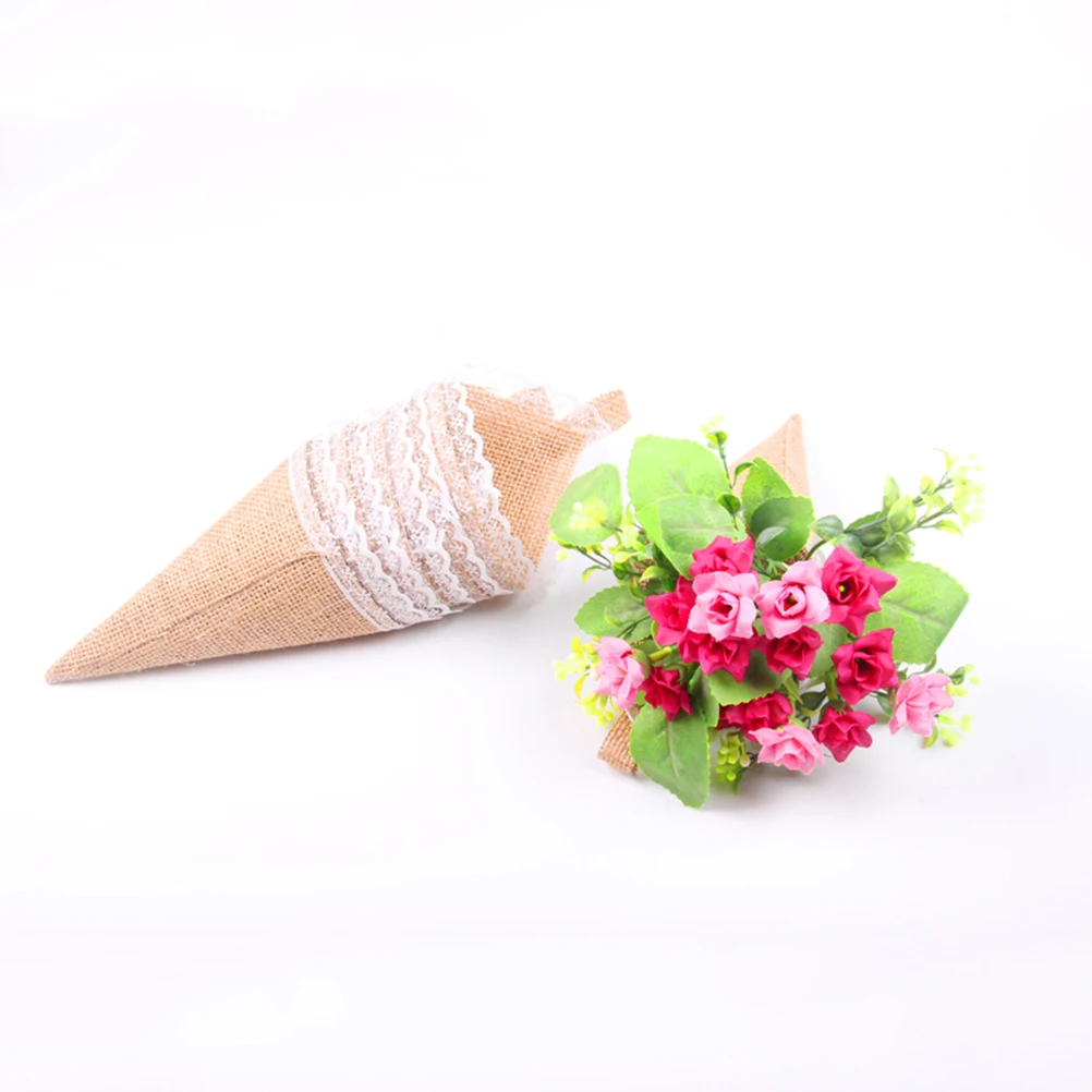 

6pcs Burlap Cone Flower Holder Lace Style Wedding Birthday Shower Decoration Rustic Elegant Natural Diy Burlap Cones For