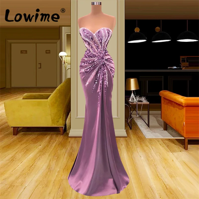 2022 Beading Purple Evening Dress Long Handmade Wedding Party Dresses Satin Mermaid Arabic Robes Beaded Prom Gowns Cheap Dresses