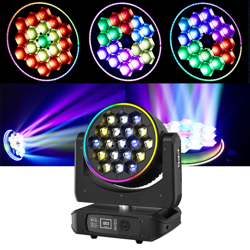 Lanju19x15w abelha olhos movendo a cabeça luz led halo feixe holofote zoom lavagem luzes estroboscópicas controle dmx para dj discoteca festa em casa clube