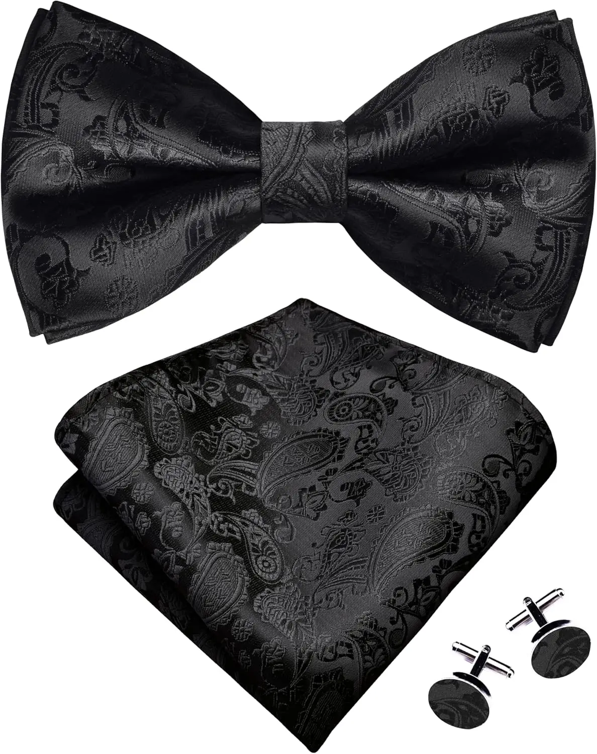 

Mens Paisley Bow Tie Handkerchief Set Adjustable Pre-Tied Jacquard Woven with Pocket Square Cufflinks