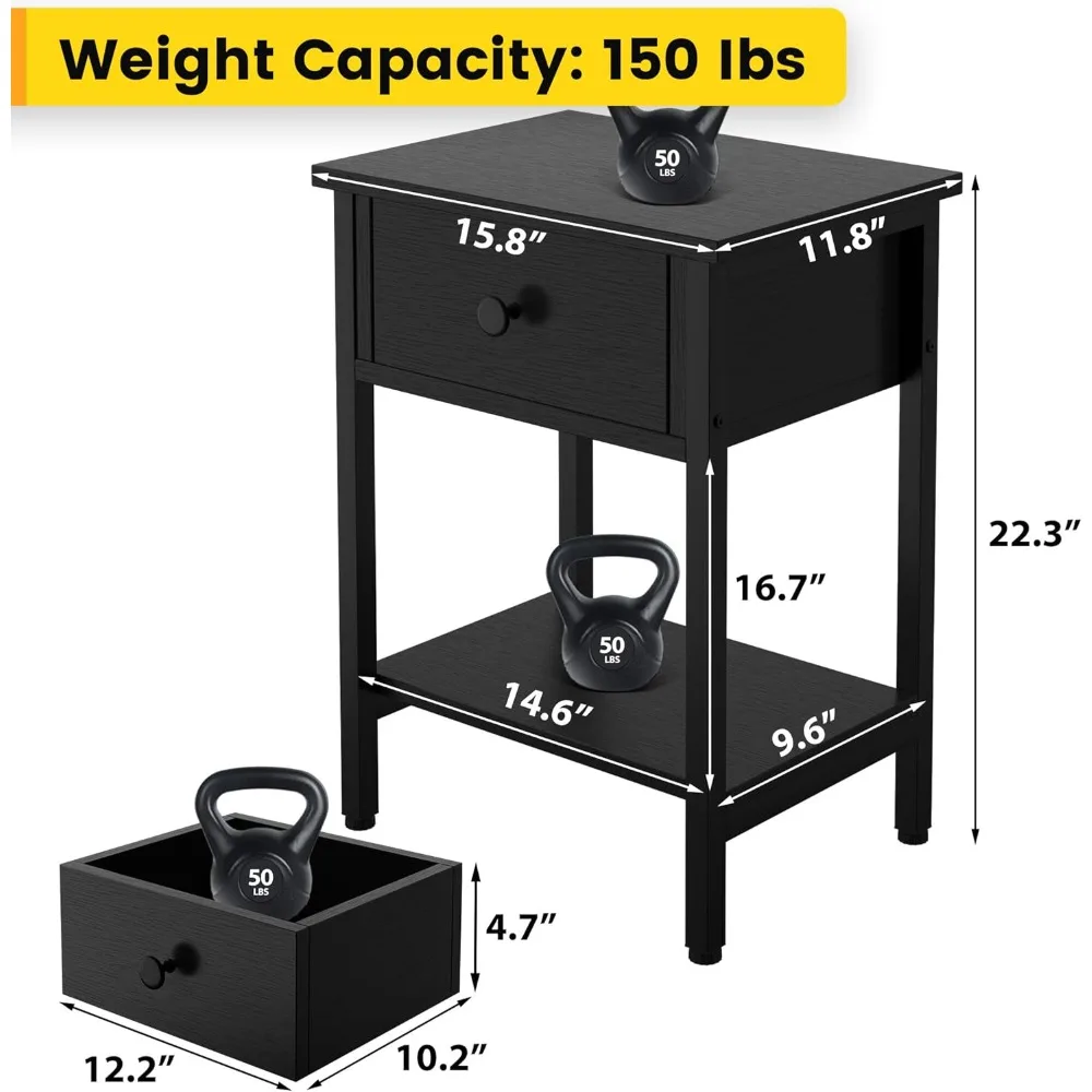 طاولات ليلية مزدوجة قوية مع أدراج، زوج من طاولات السرير الجانبية مع أرفف تخزين، طاولات جانبية لغرفة المعيشة وغرفة النوم ثقيلة