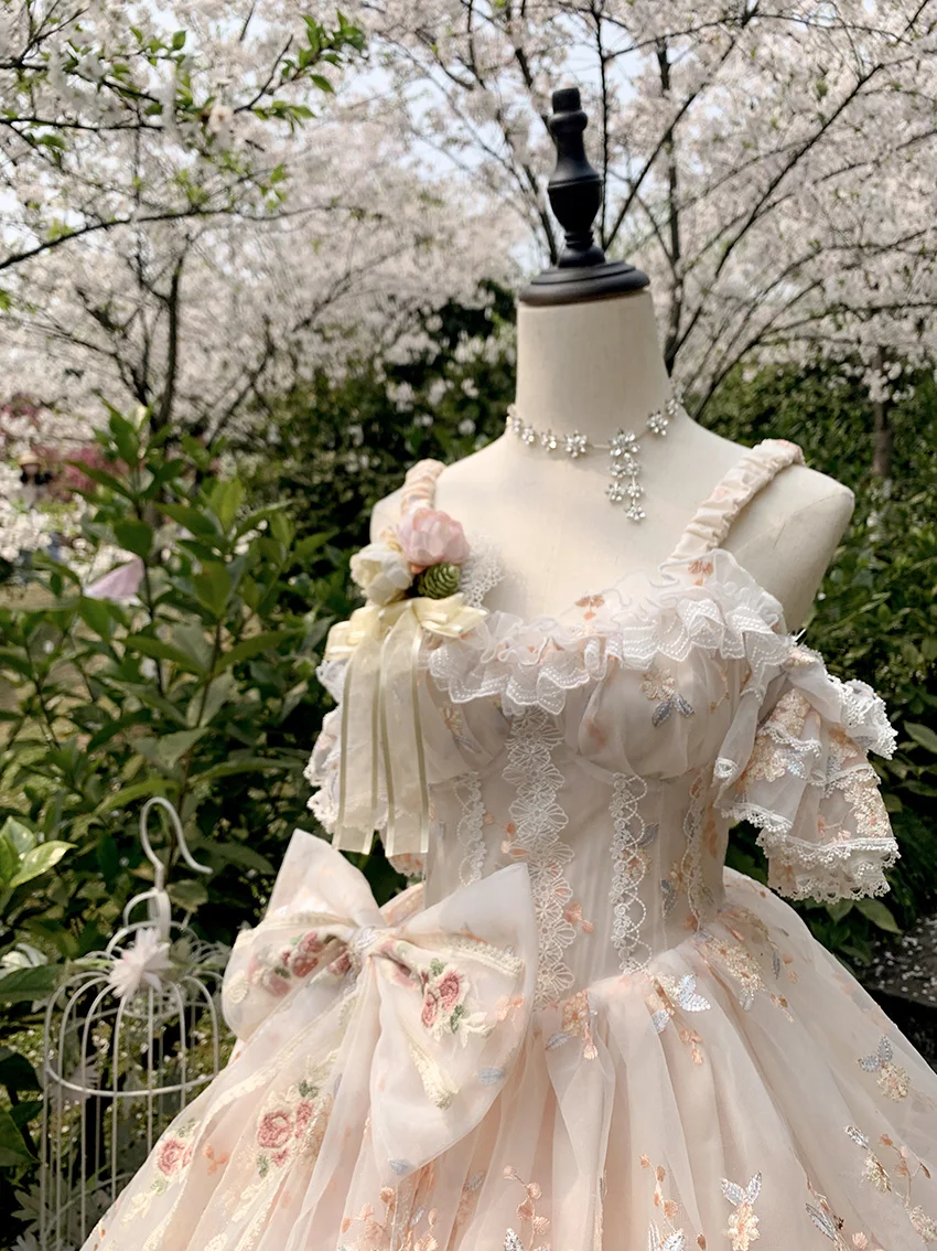 Vrouwen Zoete Kant Bloemen Borduurwerk Prinses Trouwjurken Meisjes Schattige Partij Vestidos Victoriaanse Retro Lolita Jsk Jurk Japans