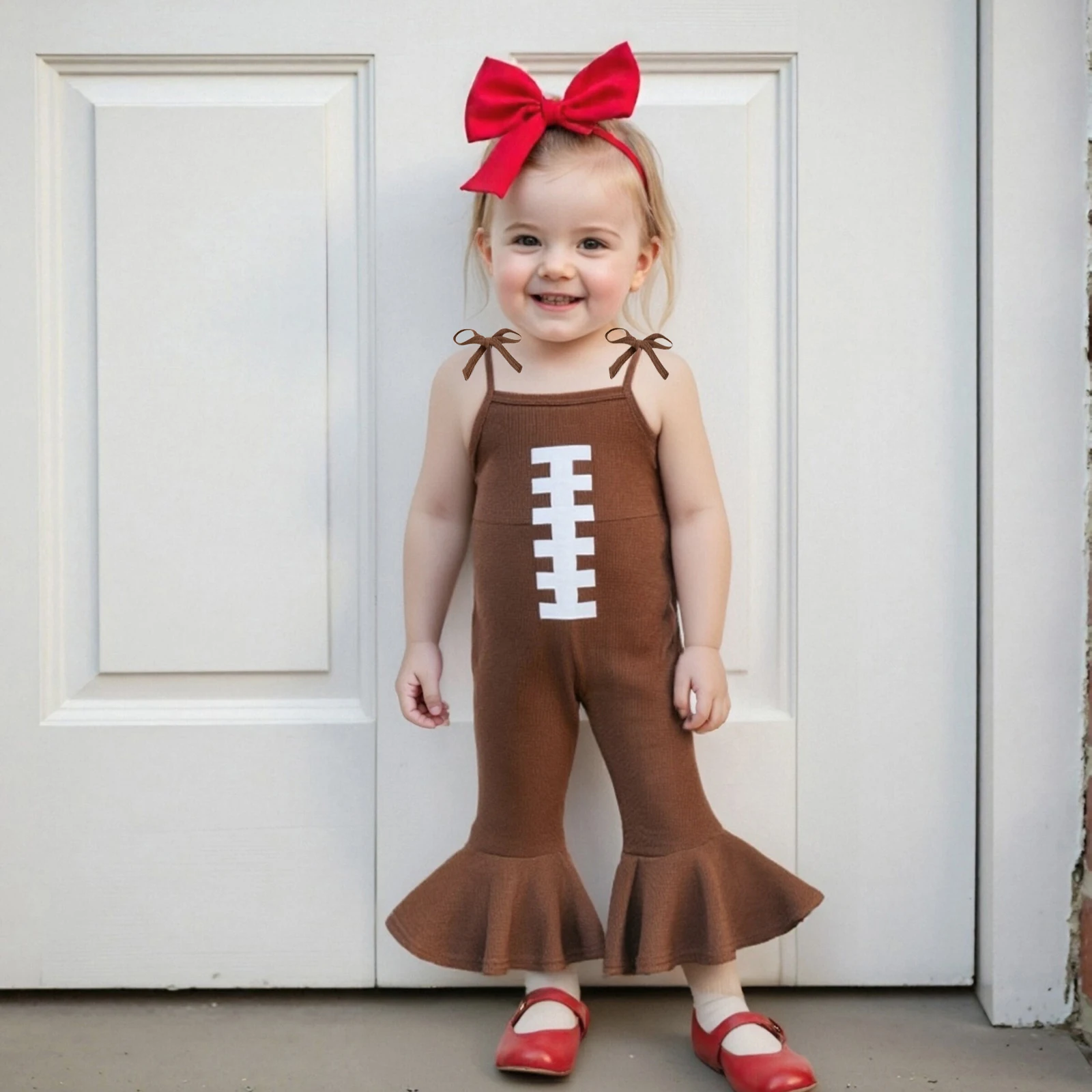 

Football Toddler Girl Outfit Spaghetti Strap Bell-Bottom Pant Overalls 1Piece Jumpsuit Romper Cute Fall Clothes