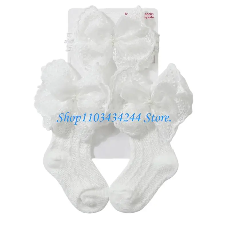  0-1 Year Baby Outfit Accessory Set, Cotton Hair Band and Textured Socks With Lace Accent for Daily Wear and Styling