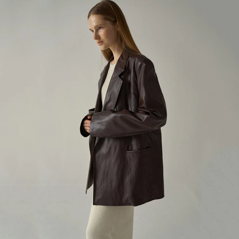 Cappotto Lungo in Pelle Stile Coreano Retrò alla Moda, Giacca Oversize con Colletto Risvoltato, Abbigliamento Esterno per Donna