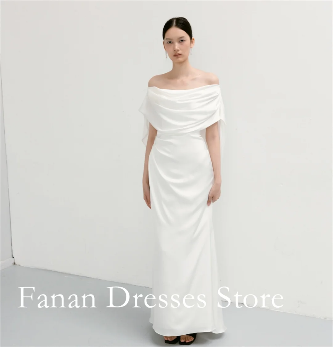 Off Shoulder Draped Cowl Neck Wedding Midi Maxi Dress Ruched Waist Slim Fit Sheath Bridal Gown For Civil Elopement Ceremony