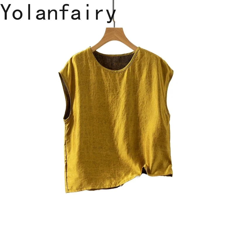 

YOLANFAIRY 100% Natural Mulberry Silk T Shirts Woman Summer 2026 Fashion Short Tee Shirt Femme Elegant Satin Tops Women Clothing