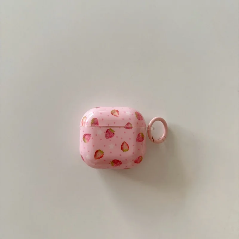 Cute Red Strawberries Pattern Pink Earphone Case with Pendant for Airpods 1, 2, 3, 4, Pro, Pro2, Pro3,Dustproof