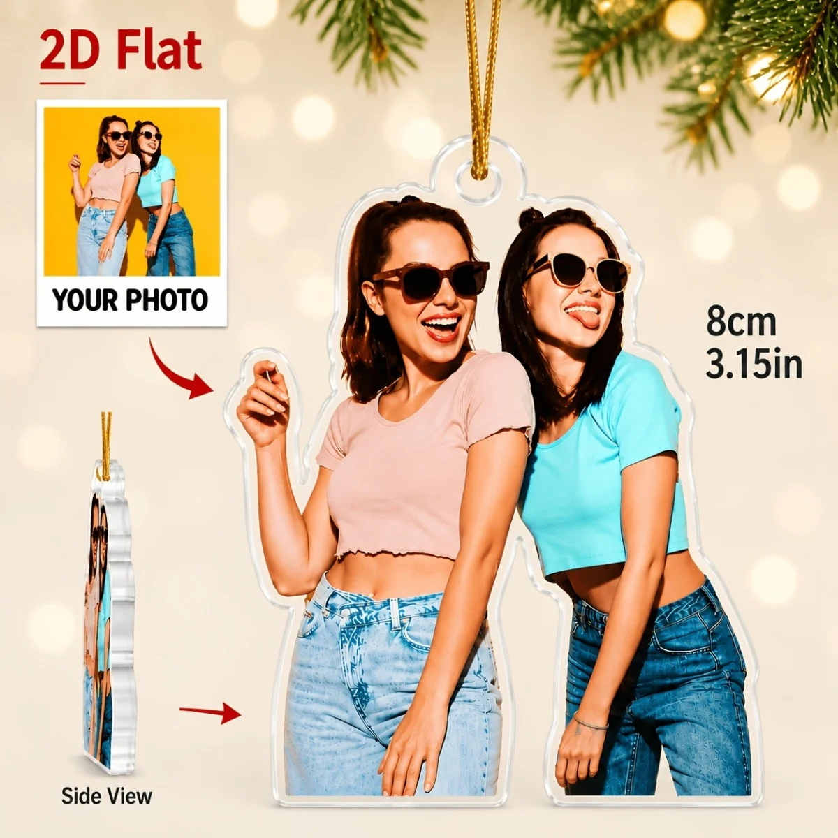 Custom Photo Christmas Ornaments—personalize them with your own images. Crafted from 2D flat acrylic, these make for a wonderful