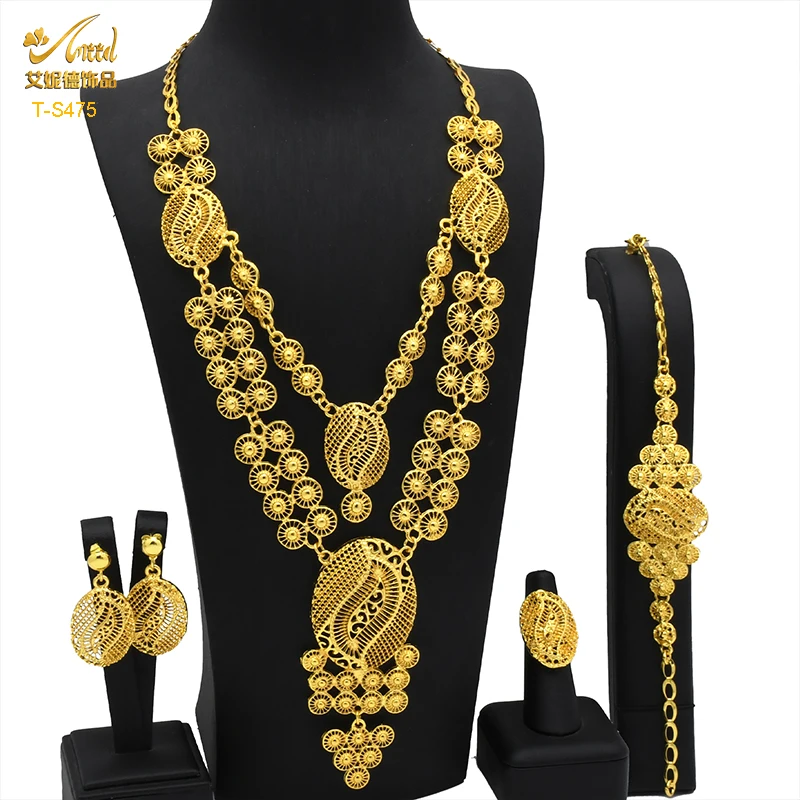 Luxury Ethiopian 24K Gold Color Long Necklace Jewelry Set Party Bridal Wedding Nigerian Dubai Jewellery Wholesale Gifts