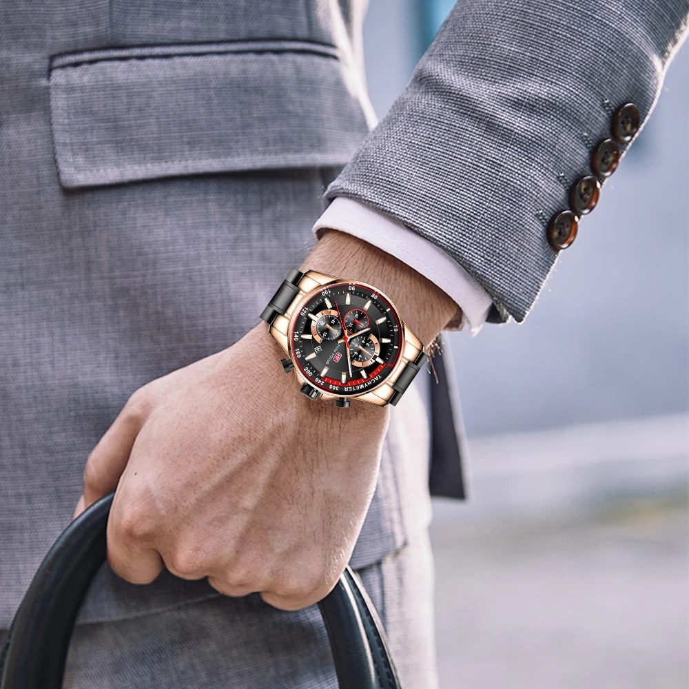 MINI FOCUS MF0218G Men Chronograph Watch Luxury Business Silver Stainless Steel Band Waterproof Quartz Watches