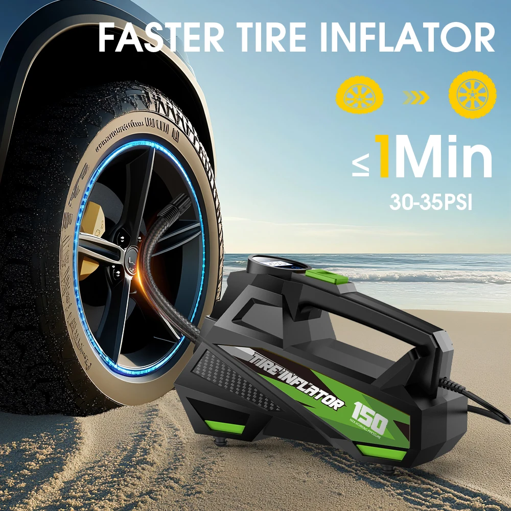 

Carsun New 150PSI Wired Inflator with Lighting - Portable Handheld, for Cars, SUVs, Motorcycles, Balls, with Selectable Modes