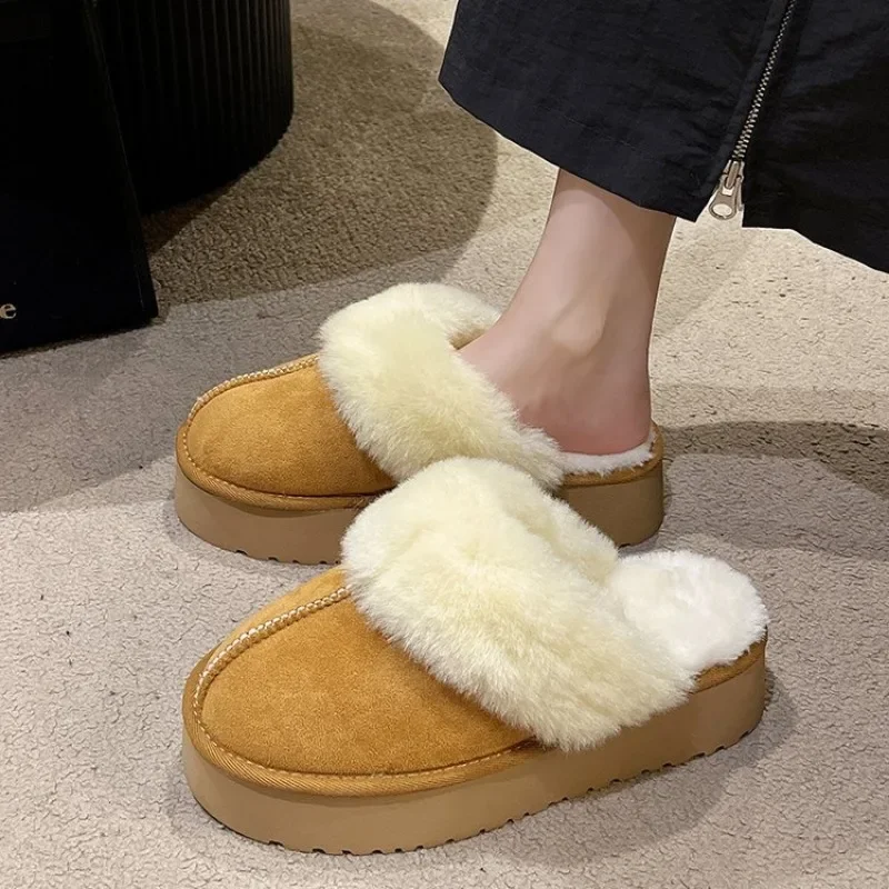 Baotou hairy mouth slippers for women wearing outside 2024 winter new style with plush warm snow boots cotton slippers for women