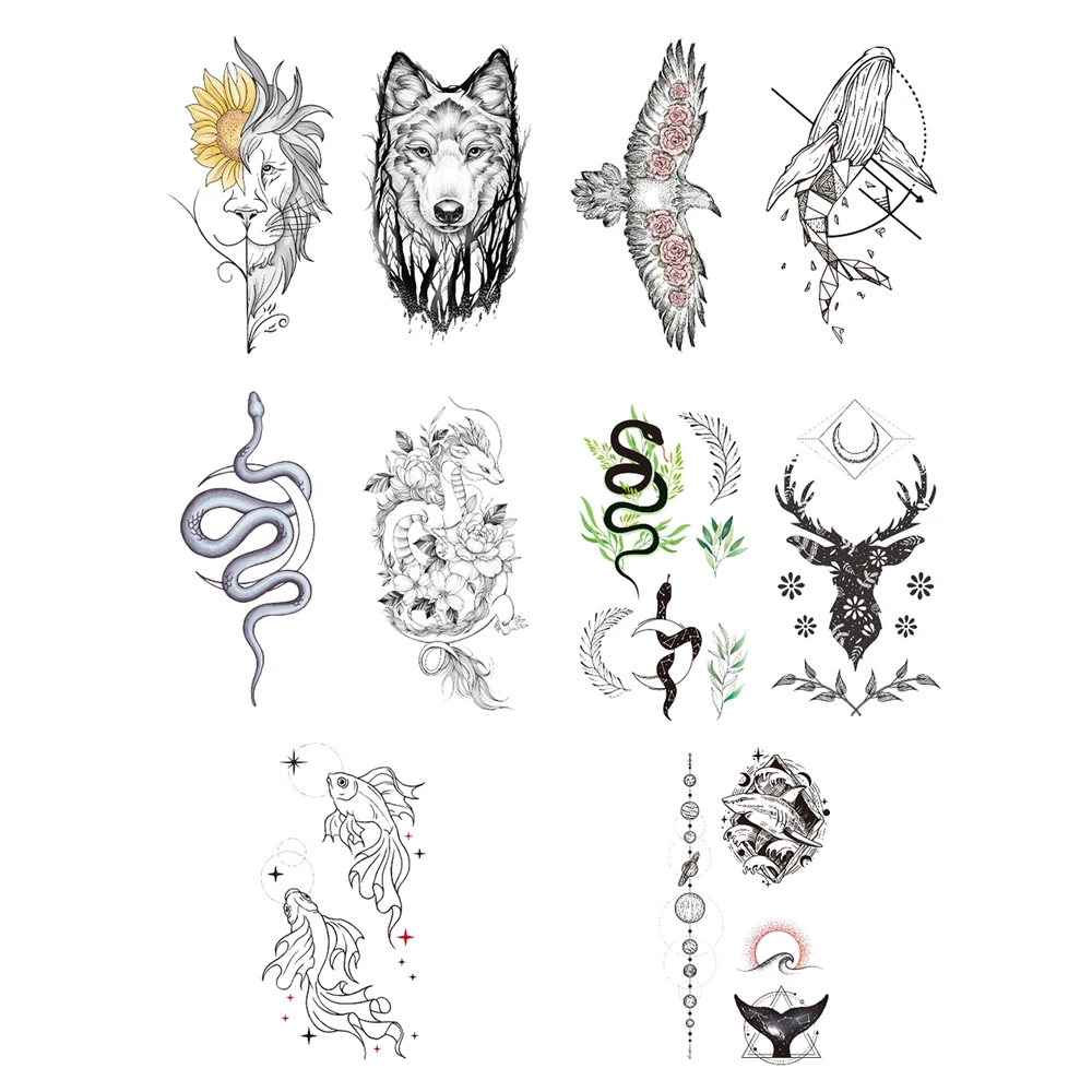 10pcs Black Animal Waterproof Temporary Tattoo Sticker Lion Snake Eagle Dolphin Deer Rose Body Art Arm Fake Tattoos Women Men