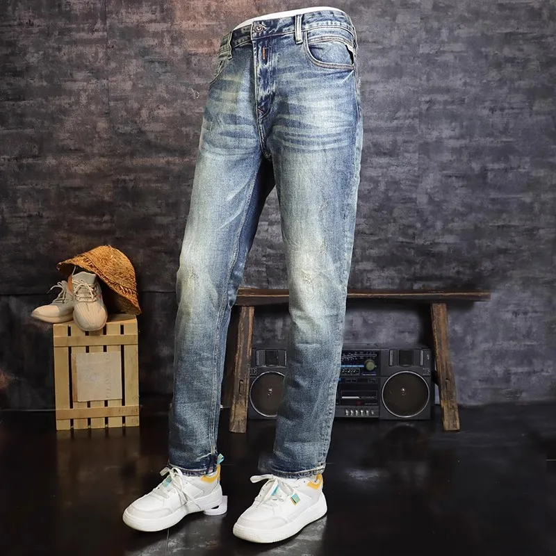 Italian Style Fashion Men Jeans Retro Blue Stretch Slim Fit Ripped Jeans Men Elastic Trousers Vintage Designer Pants Hombre