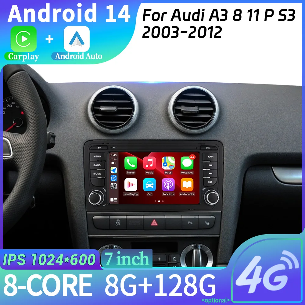 2 Din Android 12 รถมัลติมีเดียApple CarplayสําหรับAudi A3 8 11 P S3 2003-2012 SportbackวิทยุนําทางGPSสเตอริโอหน้าจอ