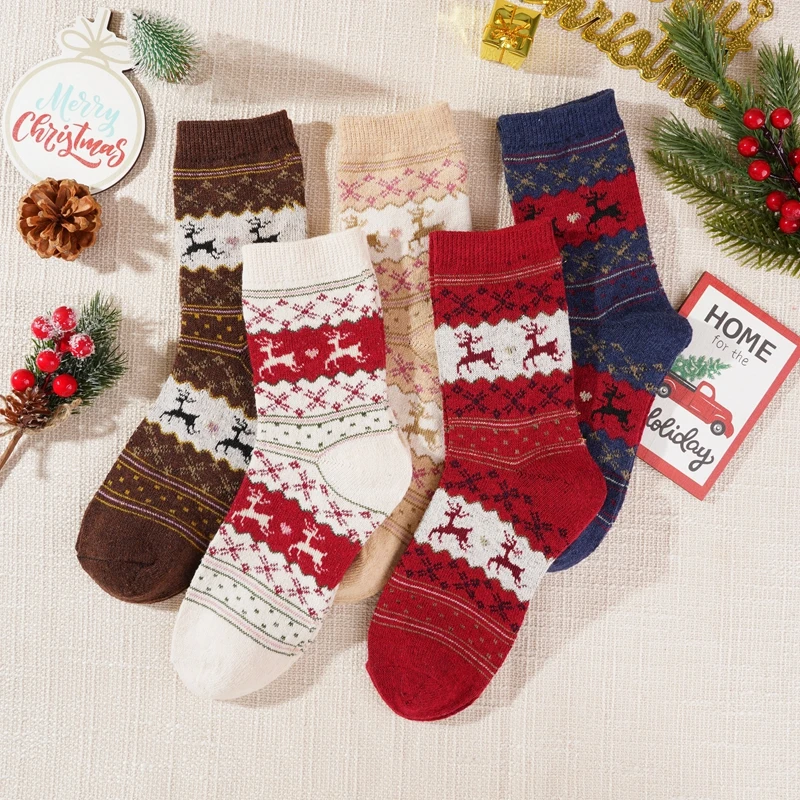 Autumn Winter Thickened Christmas Elk Socks Women's Printing Middle Tube Unisex Casual Breathable Socks Gift Thermal Hosiery