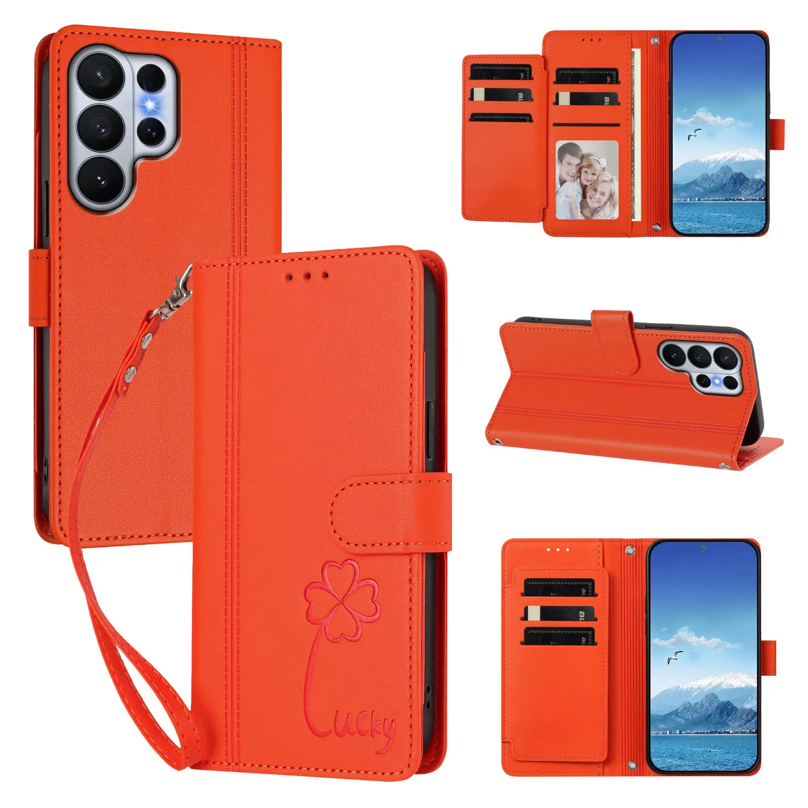 Multi 9 Cards Crossbody Leather Wallet Case For Samsung Galaxy S26 Edge S25 Ultra S24 Plus S23 FE Clover Lanyard Flip Cover