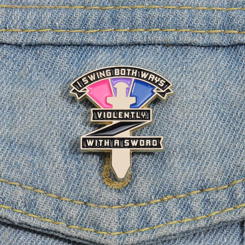 Bisexual Rainbow Enamel Pins Custom Swing Both Ways Violently with A Sword Pride Brooch Lapel Badges Jewelry Gift Drop Shipping