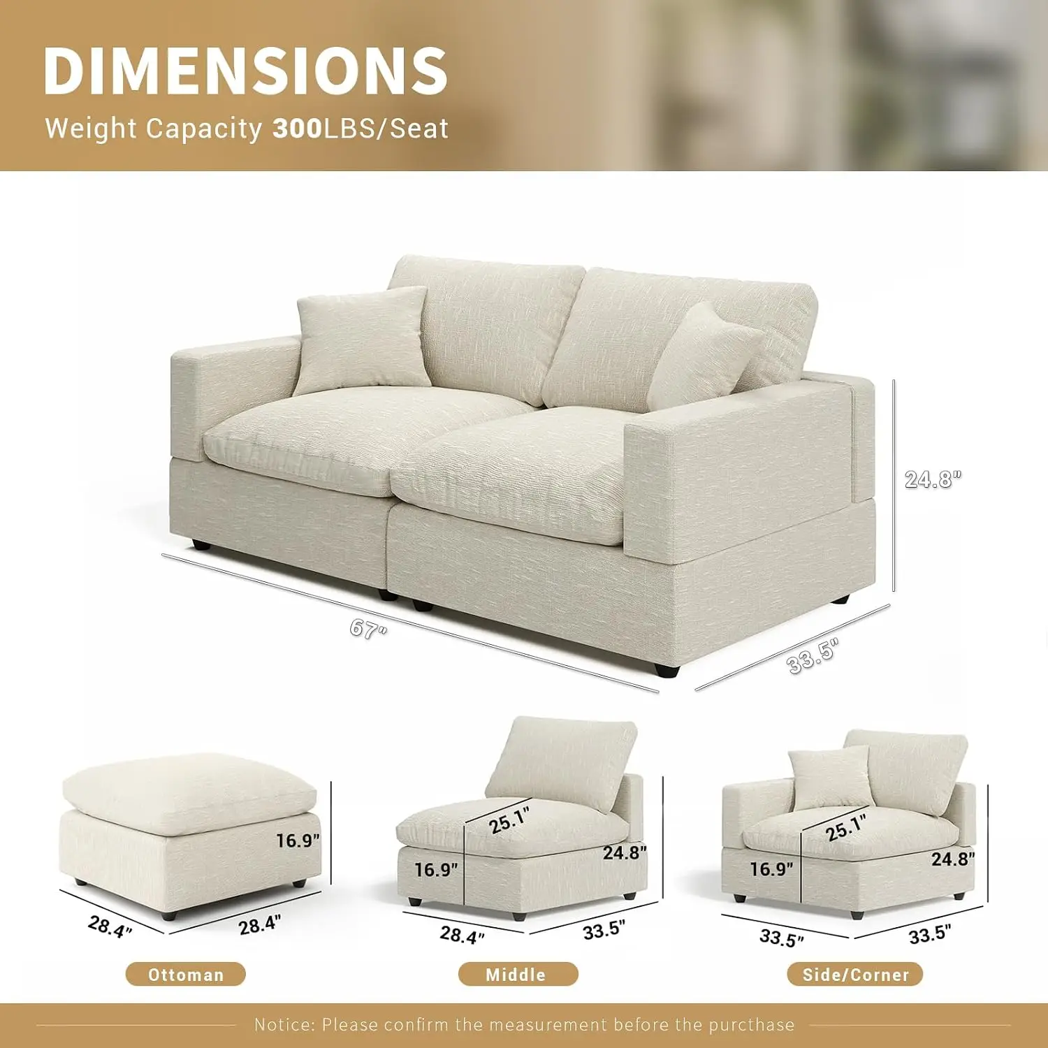 Modern Linen Modular Sofa With Detachable Cushion Covers, Filled-Down Loveseat For Living Room & Apartment, Beige, Customized