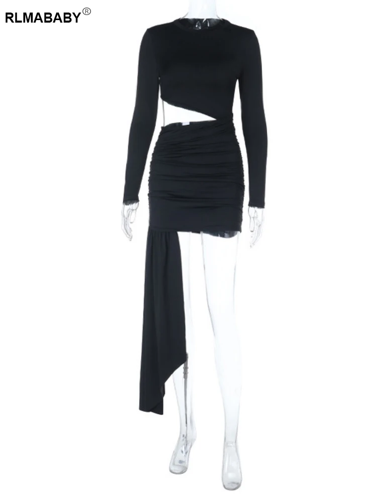 RLMABABY Sexy Hollow Out Lange Mouw Lint Vrouwen Bodycon Mini Jurk 2025 Herfst O Hals Hoge Taille Uitgesneden Ruches Korte Jurk