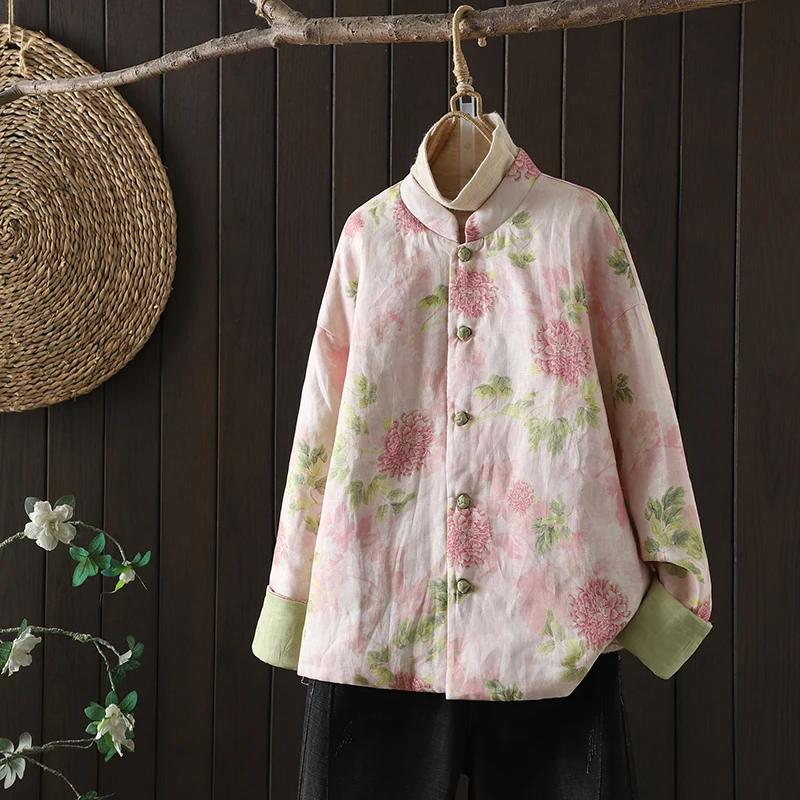 

Пальто в китайском стиле с воротником-стойкой, хлопковой подкладкой и принтом, из льняной ткани, теплое, в нежном стиле, с длинными рукавами, высоким воротником, стандартной длины