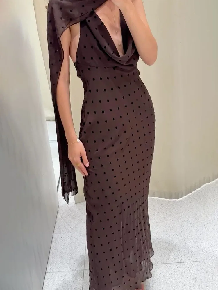 HH 2025 vrouwen Zomer Mode Sexy Jurken Effen Stippen Sjaal Kraag Mouwloze Backless Rits Vrouwelijke Elegante Lange Jurk