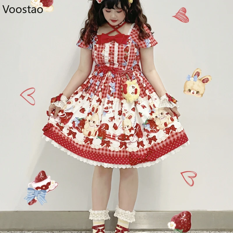 Japanese Sweet Lolita OP Dress Women Cute Lace Strawberry Rabbit Print Red Plaid Tea Party Dresses Vintage Kawaii Princess Dress