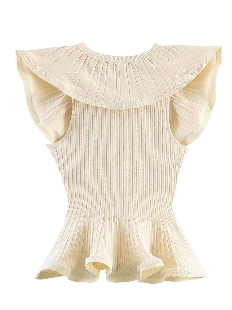 HH Women Summer Spring Coastal Soft Cream Ribbed Knit Peplum Top Crew Neck Ruffle Flutter Sleeve Slim Fit Casual Knitwear
