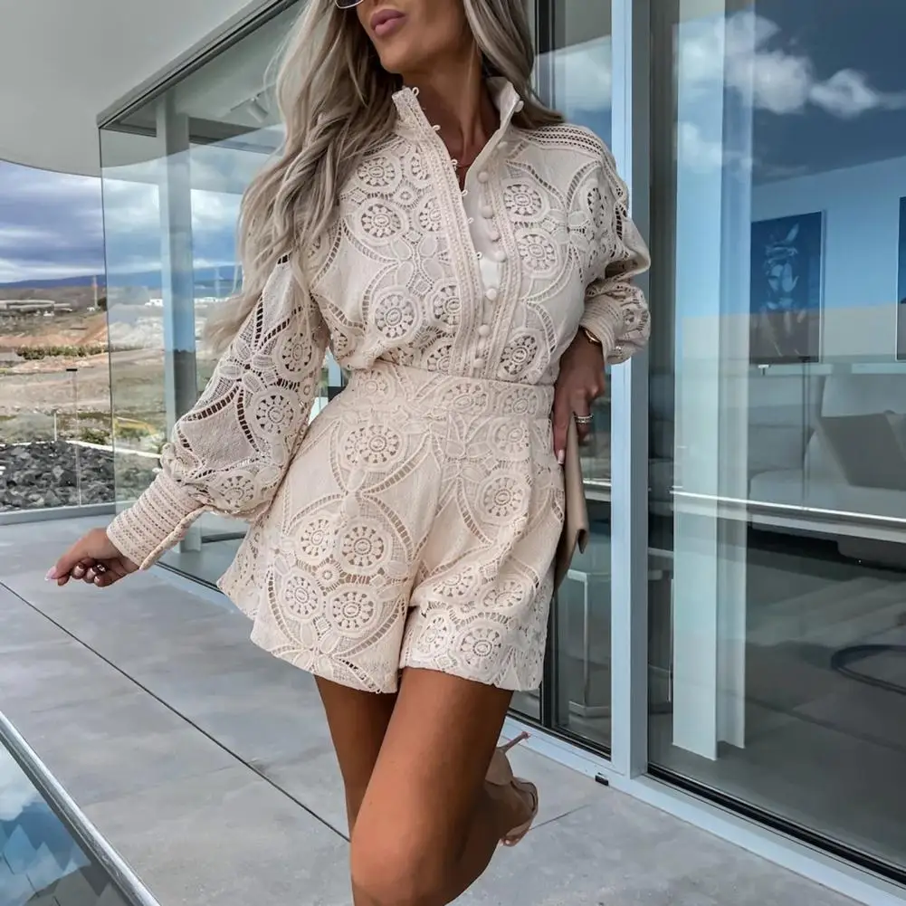 Vintage Single Breasted White Lace Women Shorts Sets Spring Long Sleeve Casual Party 2 Pcs Outfits Femme Suit Summer