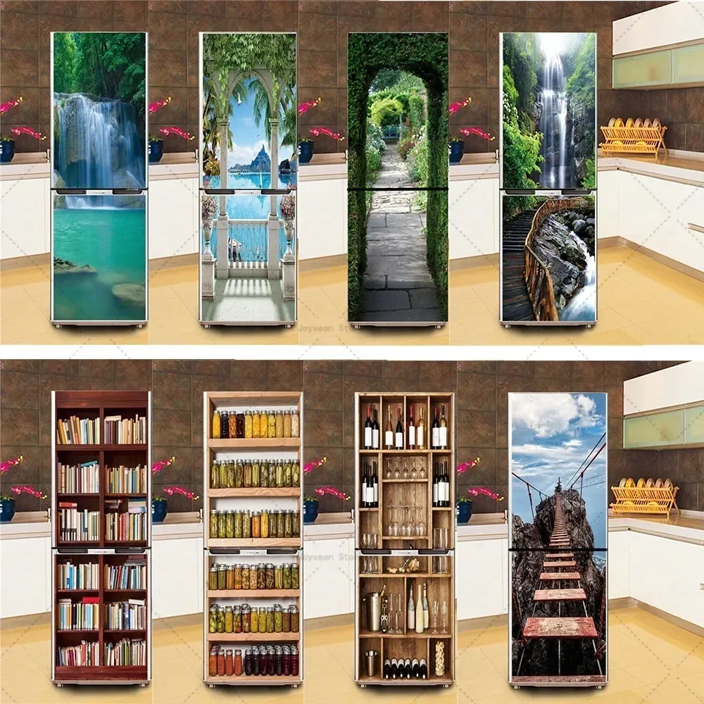 

3D Fridge Door Sticker Customizable Size Landscape Poster Vinyl PVC Waterproof Kitchen Decoration Refrigerator Bookshelf Decals