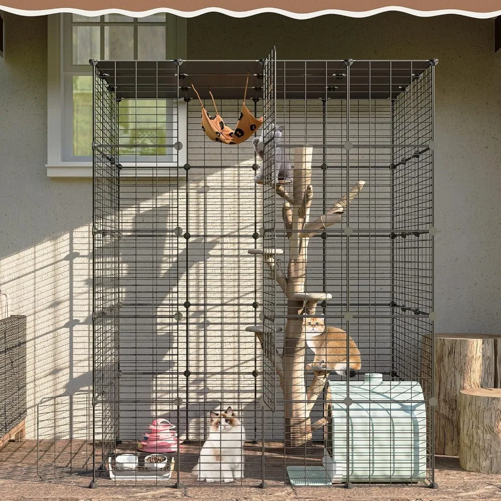 iiel Outdoor Cat House Cat Cages Enclosure with Super Large Enter Door, 55.1L x 41.3W x 68.9H Balcony Cat Playpen